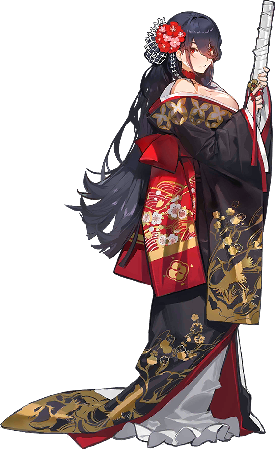 1girl bangs black_hair blush breasts choker cleavage eyebrows_visible_through_hair floral_print full_body hair_between_eyes hair_ornament holding holding_sheath holding_weapon iron_saga japanese_clothes kimono kishiyo large_breasts long_hair long_sleeves looking_at_viewer mole mole_on_breast oboro_(iron_saga) official_art red_choker red_eyes sheath solo standing transparent_background very_long_hair weapon wide_sleeves