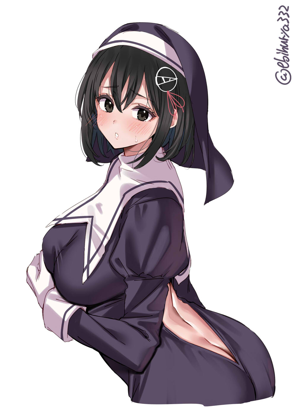 1girl alternate_costume ass backless_dress backless_outfit black_dress black_eyes black_headwear blush breasts butt_crack commentary dress ebifurya gloves habit haguro_(kancolle) hair_ornament hashtag_only_commentary highres kantai_collection large_breasts long_sleeves looking_at_viewer nun one-hour_drawing_challenge open_mouth short_hair simple_background solo twitter_username veil white_background white_gloves