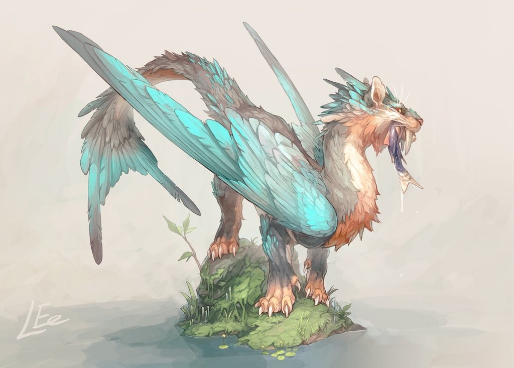 animal_focus bird_wings claws commentary_request fangs feathered_wings fish from_side full_body grass grey_background looking_at_viewer moss mouth_hold no_humans original profile rock sabertooth_cat signature simple_background solo tail whiskers winged_animal wings yamamura_le