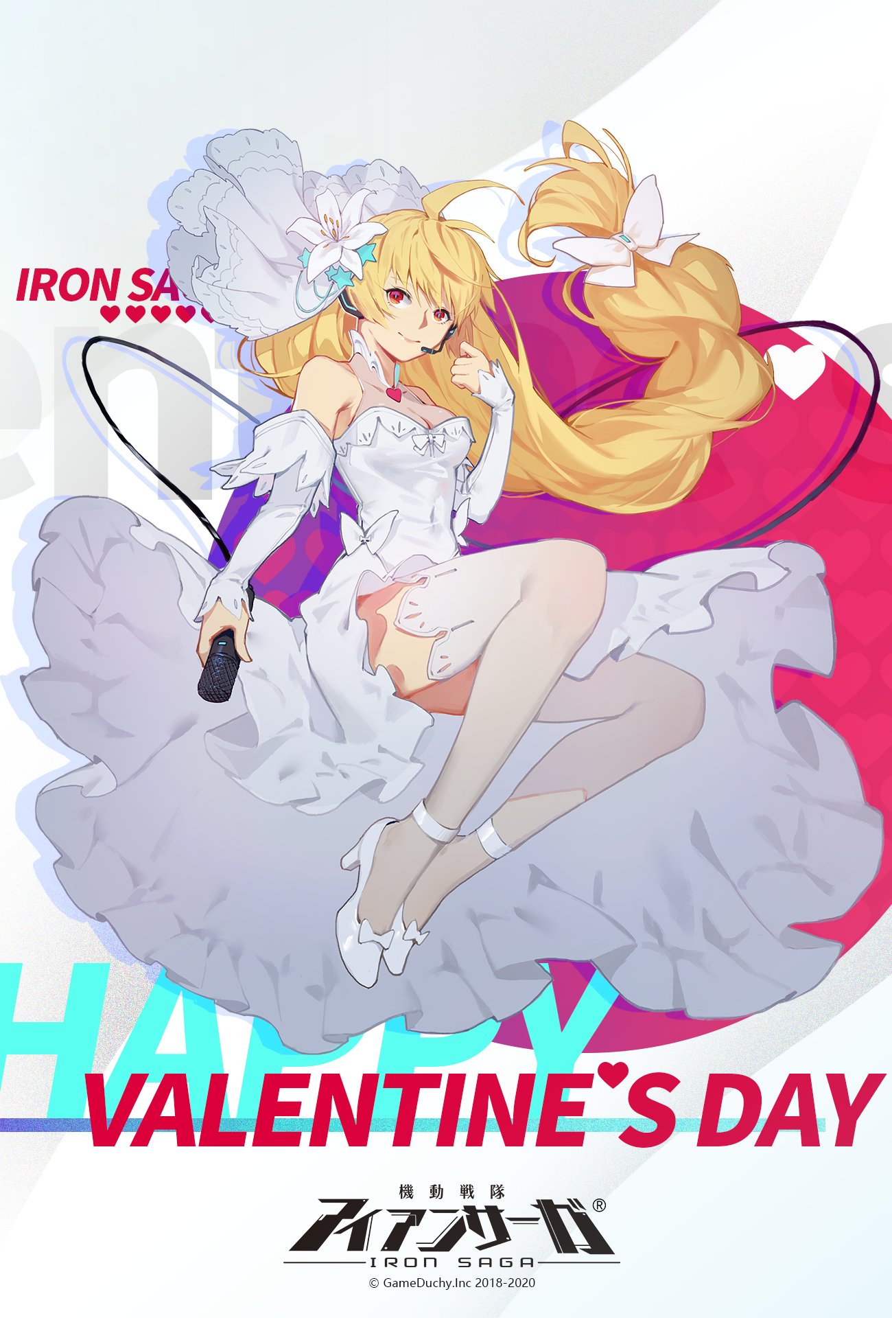 1girl ahoge bare_shoulders blonde_hair blue_eyes breasts cleavage copyright_name detached_sleeves dress earpiece flower full_body hair_flower hair_ornament happy_valentine high_heels highres holding holding_microphone iron_saga logo long_hair microphone official_art orange_eyes second-party_source smile solo taylor_(iron_saga) thighhighs veil wedding_dress white_dress