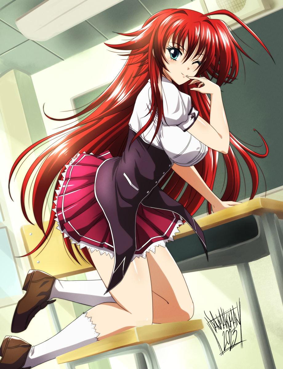 1girl ;) ahoge all_fours bent_over black_corset blue_eyes breasts brown_footwear chair classroom closed_mouth commentary corset danmakuman desk finger_to_mouth hair_between_eyes high_school_dxd highres indoors kneehighs kuoh_academy_school_uniform large_breasts loafers long_hair looking_at_viewer on_chair one_eye_closed pleated_skirt red_hair red_skirt rias_gremory school_chair school_desk school_uniform shirt shoes signature skirt smile socks solo underbust very_long_hair white_shirt white_socks