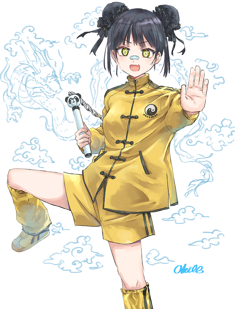 1girl :d black_hair bun_cover chinese_clothes commentary_request double_bun dragon fang feet_out_of_frame foreshortening hair_bun holding holding_weapon jacket kneehighs looking_at_viewer loose_socks okiru original shoes shorts signature smile socks solo standing standing_on_one_leg weapon weapon_request white_background yellow_eyes yellow_footwear yellow_jacket yellow_shorts yellow_socks