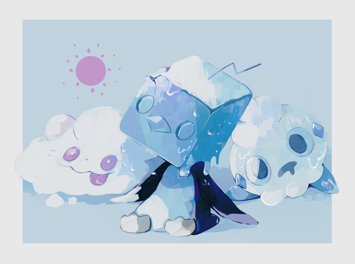 animal_focus bird blue_eyes blue_theme bright_pupils commentary eiscue eiscue_(ice) full_body hot ice li04r lying melting no_humans on_stomach penguin pink_eyes pokemon pokemon_(creature) sitting sun swirlix tongue tongue_out vanillite