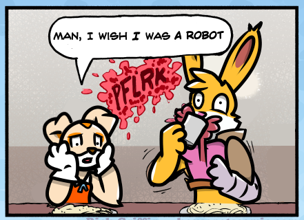 anthro archie_comics bunnie_rabbot clothing cream_the_rabbit dialogue dress drinking duo female housepets! lagomorph leporid low_res machine mammal rabbit redraw robot robot_arm robotic_limb sad sega shocked sonic_the_hedgehog_(archie) sonic_the_hedgehog_(comics) sonic_the_hedgehog_(series) sound_effects spit-take str8aura-no-not-that-one third-party_edit webcomic