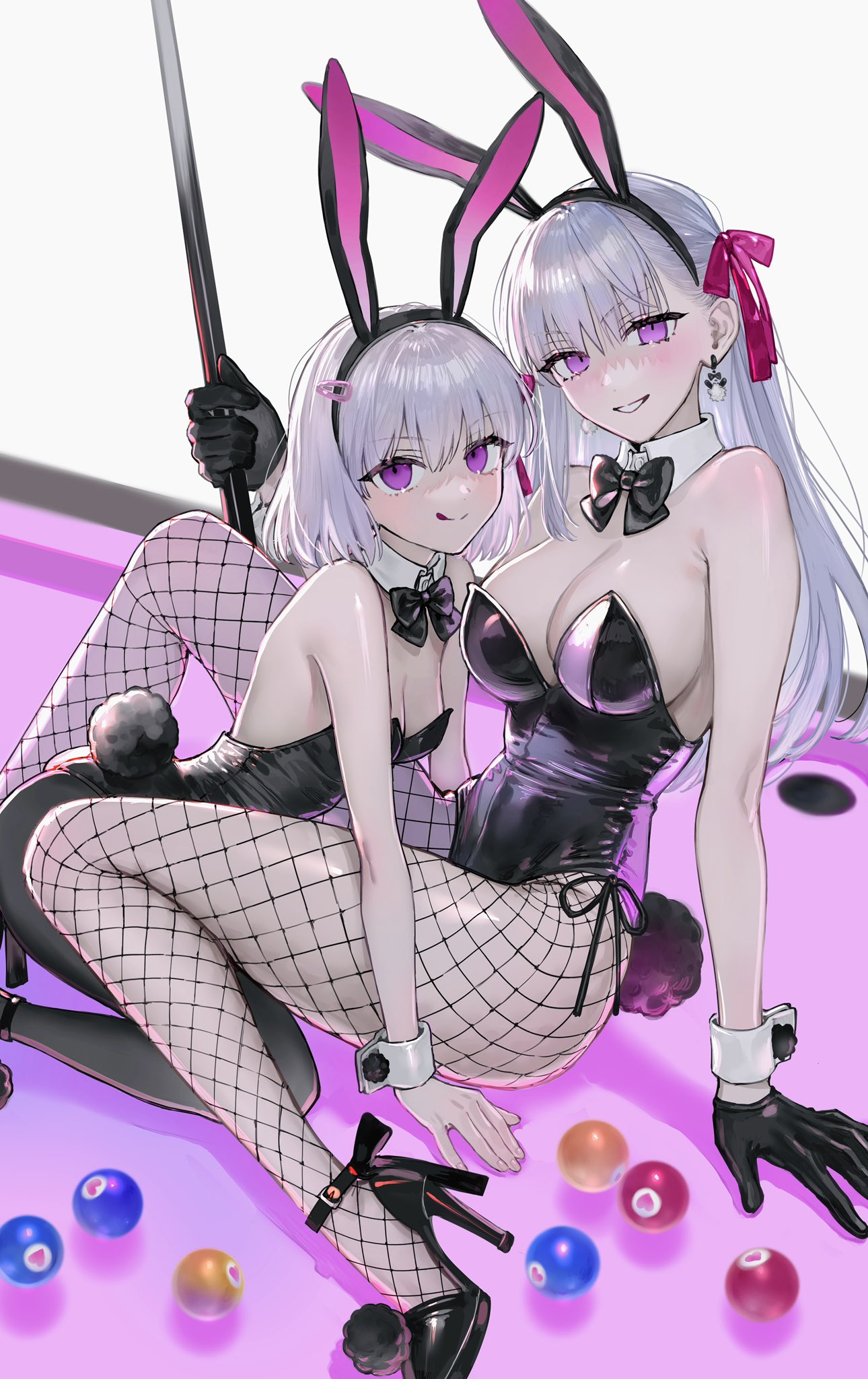 animal_ears ball bare_shoulders billiard_ball black_gloves black_leotard black_pantyhose blush bow bowtie breasts cleavage cue_stick detached_collar earrings fake_animal_ears fake_tail fate/grand_order fate_(series) fishnet_pantyhose fishnets gloves grin hair_ribbon high_heels highleg highleg_leotard highres jewelry kama_(fate) kama_(first_ascension)_(fate) kama_(second_ascension)_(fate) large_breasts leotard licking_lips long_hair looking_at_viewer nipi27 pantyhose playboy_bunny pool_table purple_eyes rabbit_ears rabbit_tail ribbon short_hair small_breasts smile table tail tongue tongue_out white_hair wrist_cuffs