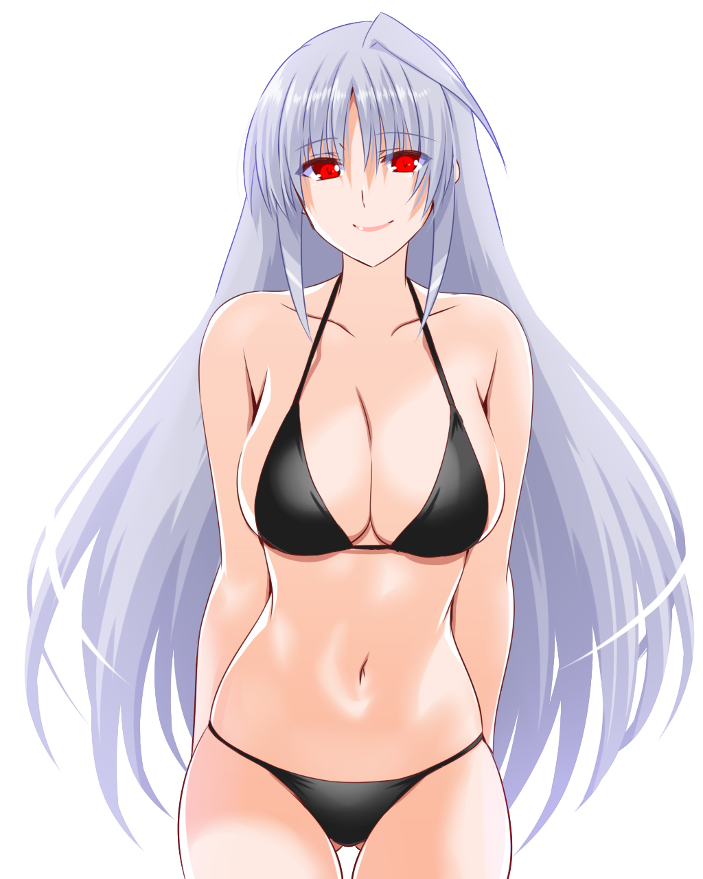 1girl ahoge bikini black_bikini breasts cleavage closed_mouth collarbone cowboy_shot engo_(aquawatery) grey_hair highres large_breasts long_hair looking_at_viewer lyrical_nanoha mahou_shoujo_lyrical_nanoha mahou_shoujo_lyrical_nanoha_a's navel red_eyes reinforce sidelocks simple_background smile solo swimsuit white_background