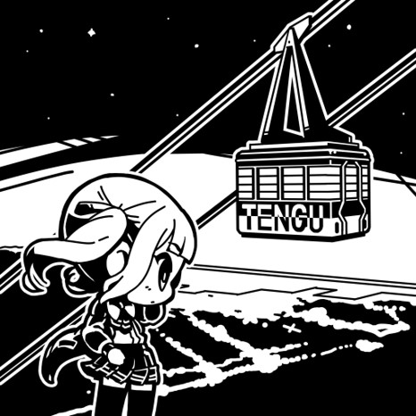 1girl blunt_bangs bow bowtie cable_car cevio chibi closed_mouth commentary_request expressionless feet_out_of_frame floating_hair greyscale hand_on_own_hip jacket long_hair long_sleeves lowres monochrome moyasiwhite natsuki_karin night open_clothes open_jacket otaru_(hokkaido) outdoors pleated_skirt profile real_world_location romaji_text second-party_source shirt_tucked_in skirt sky solo standing star_(sky) starry_sky synthesizer_v thighhighs twintails wind