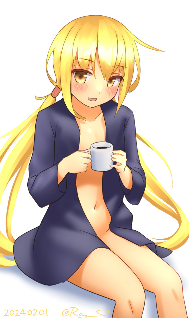 1girl black_shirt blonde_hair commentary_request cup feet_out_of_frame kantai_collection long_hair looking_at_viewer low_twintails mug navel no_panties one-hour_drawing_challenge open_clothes open_shirt ray.s satsuki_(kancolle) shirt simple_background sitting smile solo twintails white_background yellow_eyes