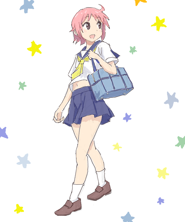 1girl :d ahoge ascot bad_drawr_id bad_id bag brown_eyes brown_footwear full_body hand_up holding_strap loafers looking_to_the_side midriff navel nonohara_yuzuko oekaki open_mouth pink_hair school_bag school_uniform serafuku shoes short_hair short_sleeves smile socks solo star_(symbol) walking white_background white_serafuku white_socks yamanety yellow_ascot yuyushiki