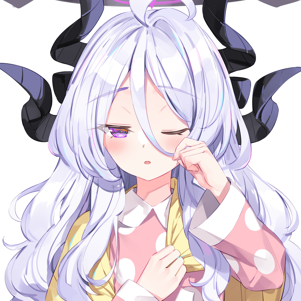 1girl ;o ahoge blue_archive blush bucchake_(asami) demon_horns grey_hair hair_between_eyes halo hina_(blue_archive) hina_(pajamas)_(blue_archive) horns long_hair looking_at_viewer multiple_horns official_alternate_costume one_eye_closed pajamas pink_pajamas polka_dot polka_dot_pajamas purple_eyes rubbing_eyes simple_background sleepy solo upper_body very_long_hair white_background