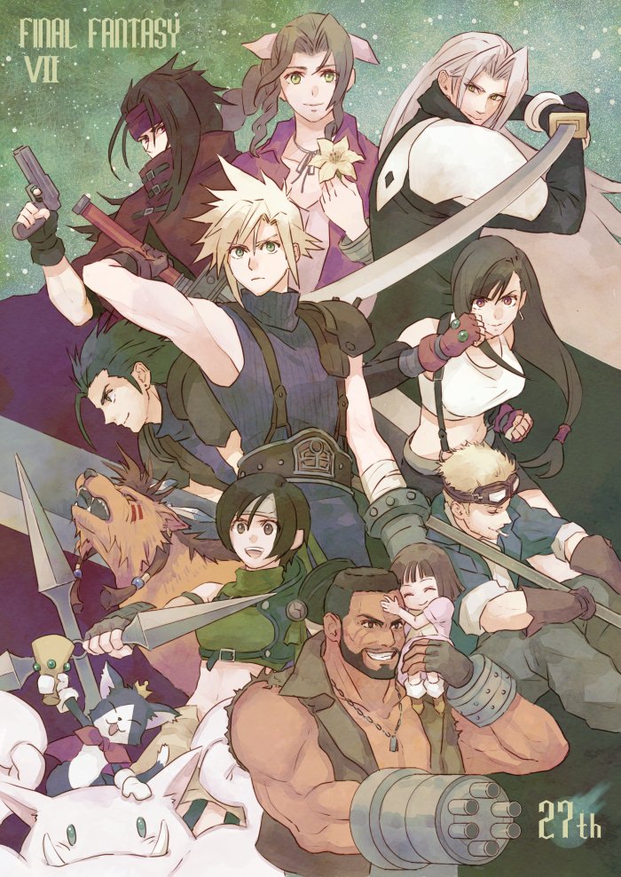 aerith_gainsborough anniversary arm_cannon armor barret_wallace beard black_hair blonde_hair brown_hair brown_vest buster_sword cait_sith_(ff7) cid_highwind cloud_strife crop_top dark-skinned_male dark_skin dog_tags earrings english_text facial_hair final_fantasy final_fantasy_vii final_fantasy_vii_remake fingerless_gloves flower gatling_gun gloves gun holding holding_gun holding_weapon jewelry long_hair low-tied_long_hair marlene_wallace masamune_(ff7) materia multiple_boys open_mouth prosthetic_weapon red_eyes red_xiii ringomell_ura sephiroth shirt short_hair shoulder_armor sleeveless sleeveless_turtleneck smile smoking spiked_hair suspenders suspenders_gap tank_top teardrop_earrings tifa_lockhart torn_clothes torn_sleeves turtleneck very_short_hair vest vincent_valentine weapon white_tank_top yuffie_kisaragi zack_fair