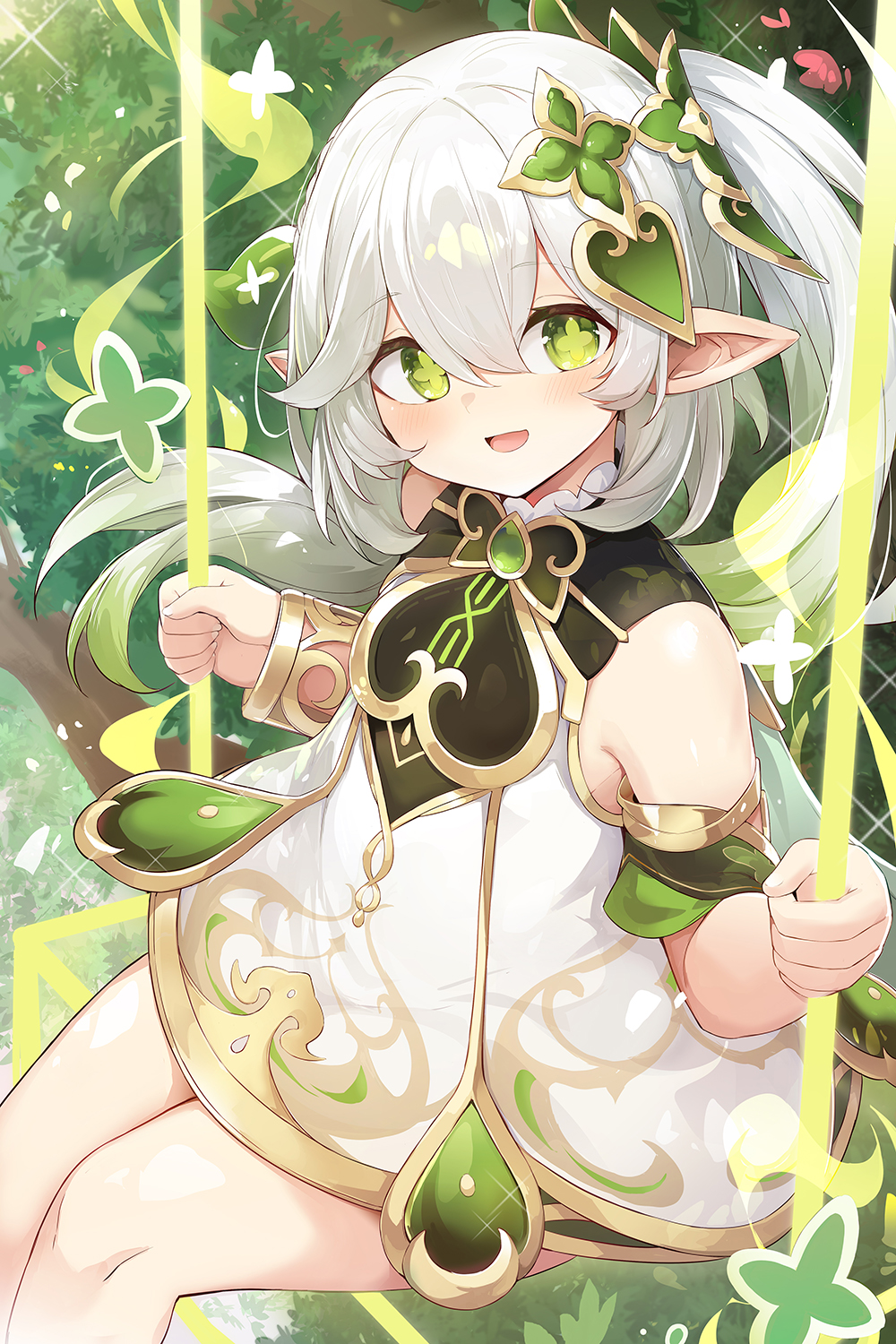 1girl blush branch cape cross-shaped_pupils dress genshin_impact gradient_hair green_cape green_eyes green_hair hair_between_eyes hair_ornament hands_up highres leaf_hair_ornament long_hair looking_at_viewer mou_tama_maru multicolored_hair nahida_(genshin_impact) open_mouth outdoors pointy_ears side_ponytail sleeveless sleeveless_dress smile solo swing symbol-shaped_pupils tree white_dress white_hair