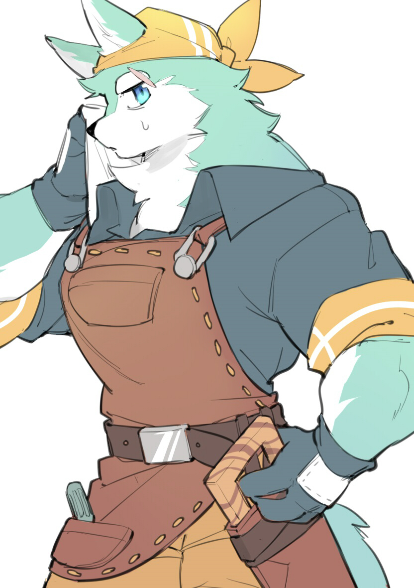 alder_(cuisineer) anthro apron blue_eyes bodily_fluids canid canine clothing cuisineer looking_at_viewer male mammal muscular muscular_male shoko_contane simple_background solo sweat