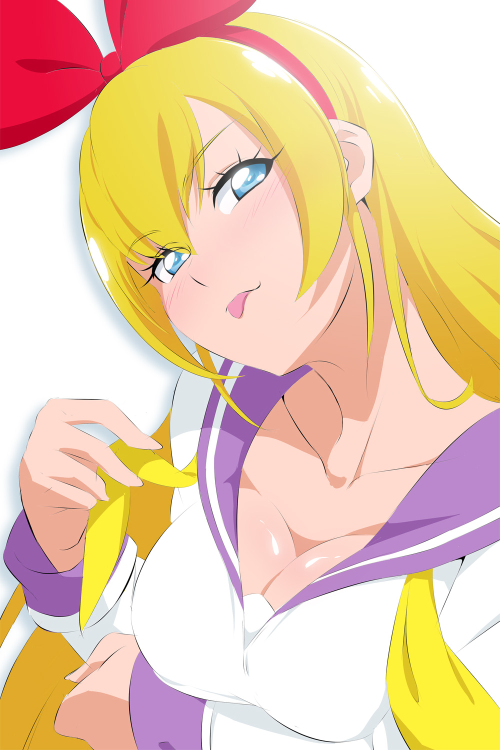 1girl blonde_hair blue_eyes bow bow_hairband breasts cleavage collarbone dokidoki!_precure fuchi_(nightmare) hair_bow hairband highres huge_bow large_breasts long_hair neckerchief oogai_daiichi_middle_school_uniform precure purple_sailor_collar red_bow regina_(dokidoki!_precure) sailor_collar school_uniform simple_background smile solo tongue tongue_out upper_body white_background yellow_neckerchief