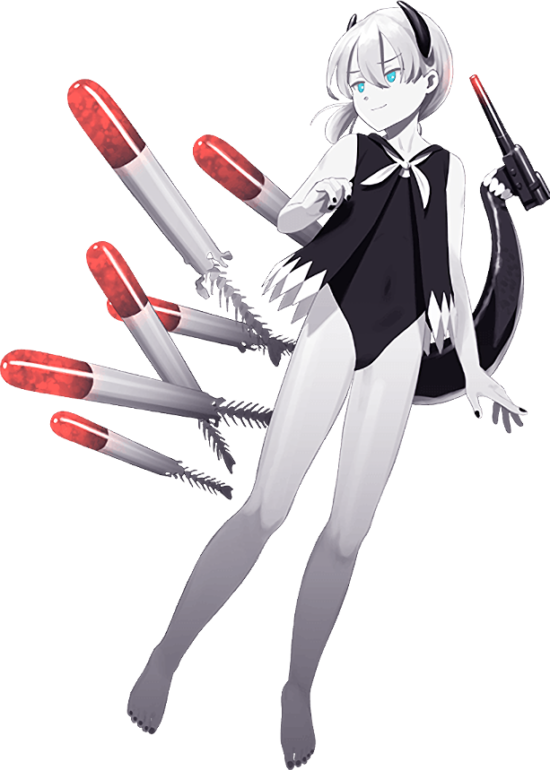 1girl abyssal_i-class_water_princess abyssal_ship bare_legs barefoot colored_skin full_body horns kantai_collection legs official_art one-piece_swimsuit pale_skin red_eyes shibafu_(glock23) short_ponytail side_ponytail swimsuit torpedo transparent_background turret white_hair white_skin