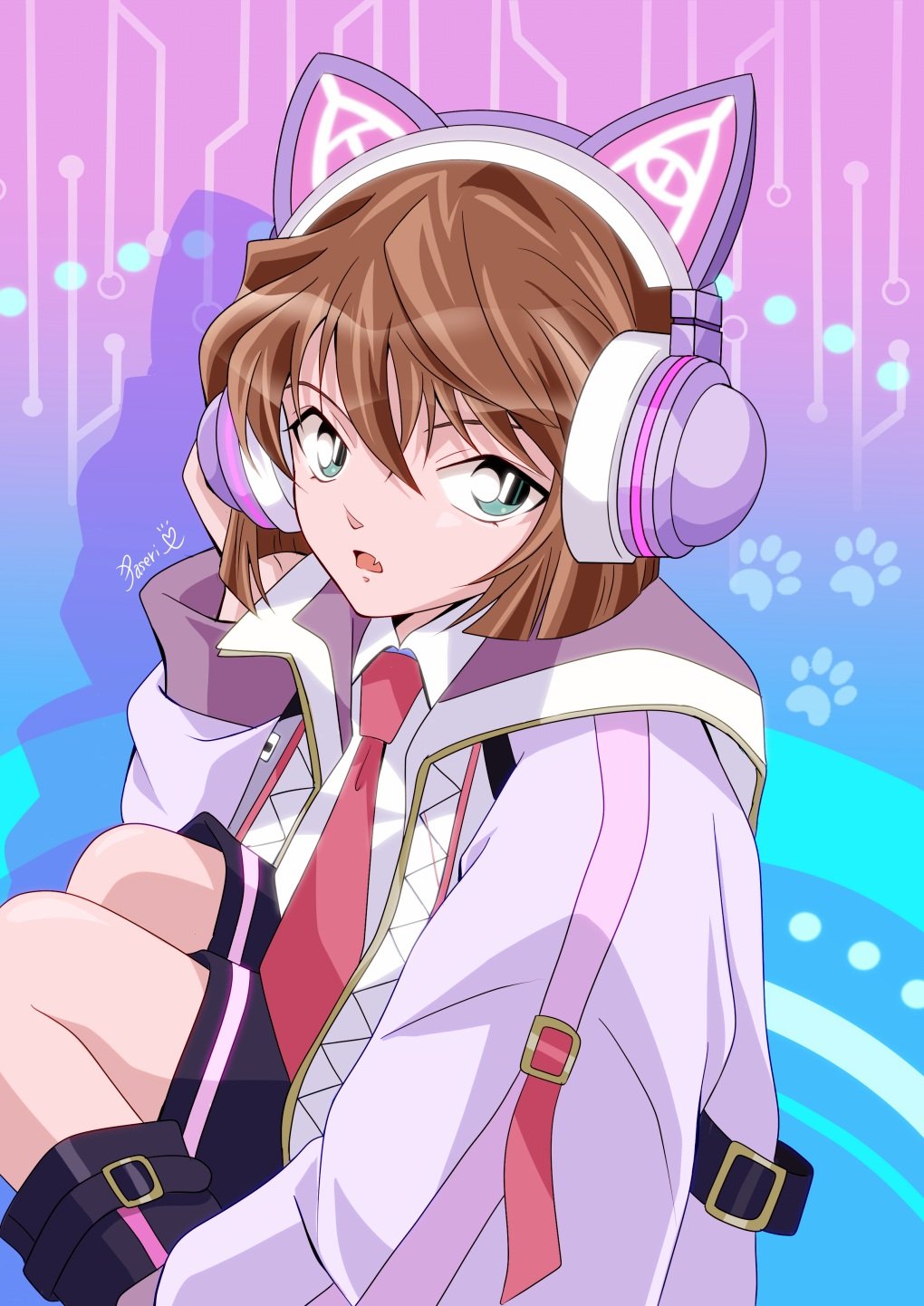 1girl black_shorts brown_hair green_eyes haibara_ai hair_between_eyes headphones highres jacket long_sleeves meitantei_conan necktie open_mouth paseri_(l7dgtxtsnlmfwlb) red_necktie short_hair shorts simple_background solo white_jacket