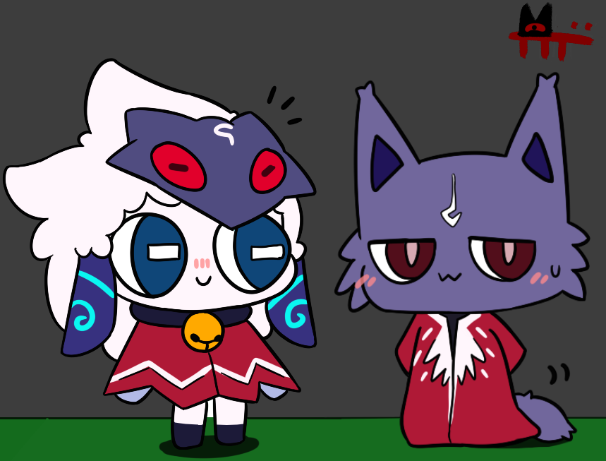 1boy 1girl bell black_background black_choker chibi choker closed_mouth cult_of_the_lamb kindred_(league_of_legends) kintto lamb_(league_of_legends) looking_at_another looking_at_viewer mask neck_bell notice_lines smile wolf_(league_of_legends)