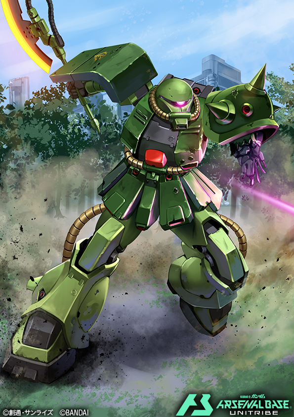 axe battle_damage building damaged debris glowing glowing_eye glowing_weapon gundam gundam_0080 gundam_arsenal_base holding holding_axe holding_weapon kenko_(a143016) mecha no_humans official_art outdoors robot tree weapon zaku_ii_fz_kai