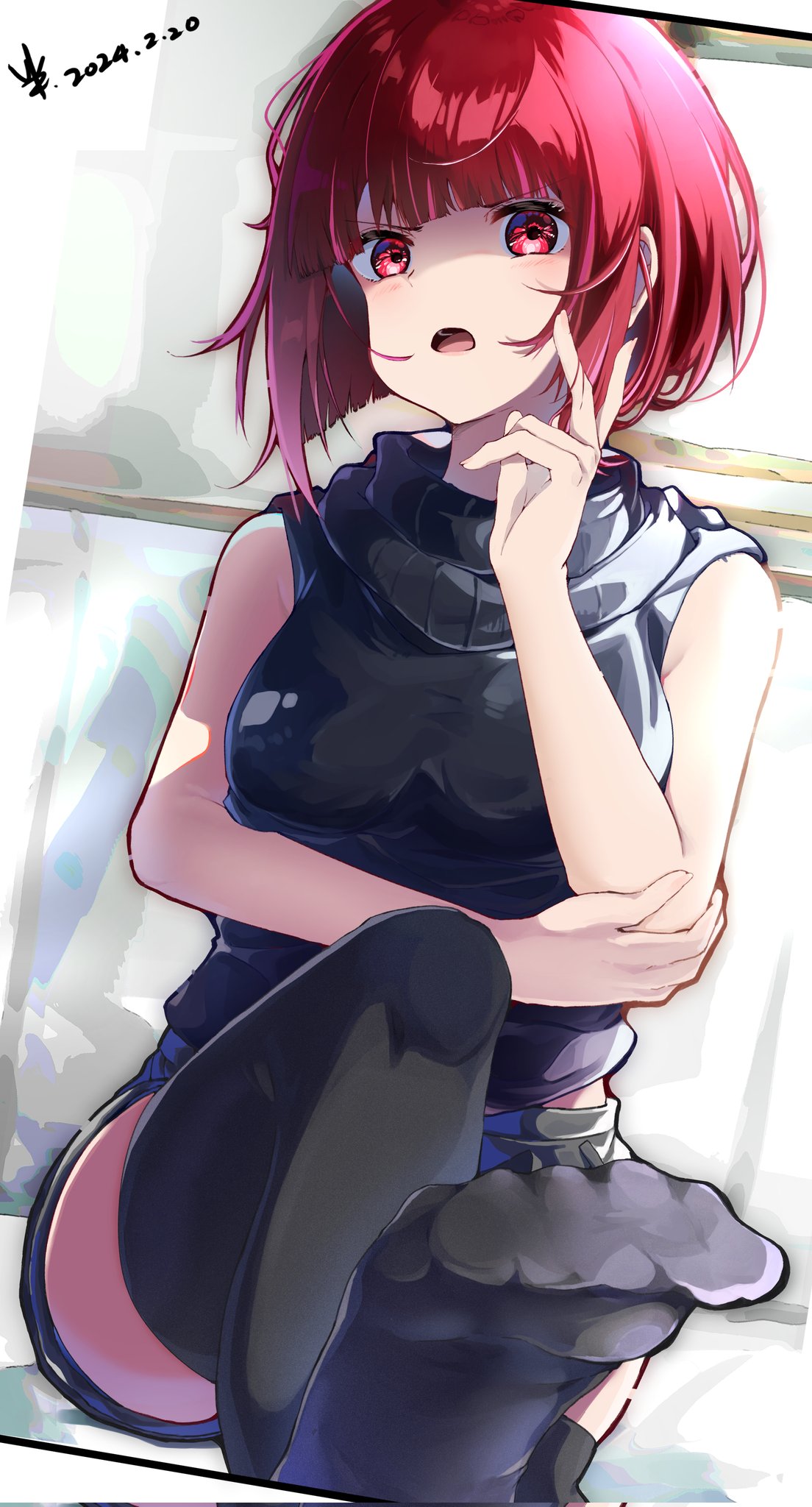 1girl angry aokaly arima_kana black_shirt black_socks bob_cut highres inverted_bob looking_at_viewer open_mouth oshi_no_ko red_eyes red_hair shirt short_hair shorts sitting socks solo