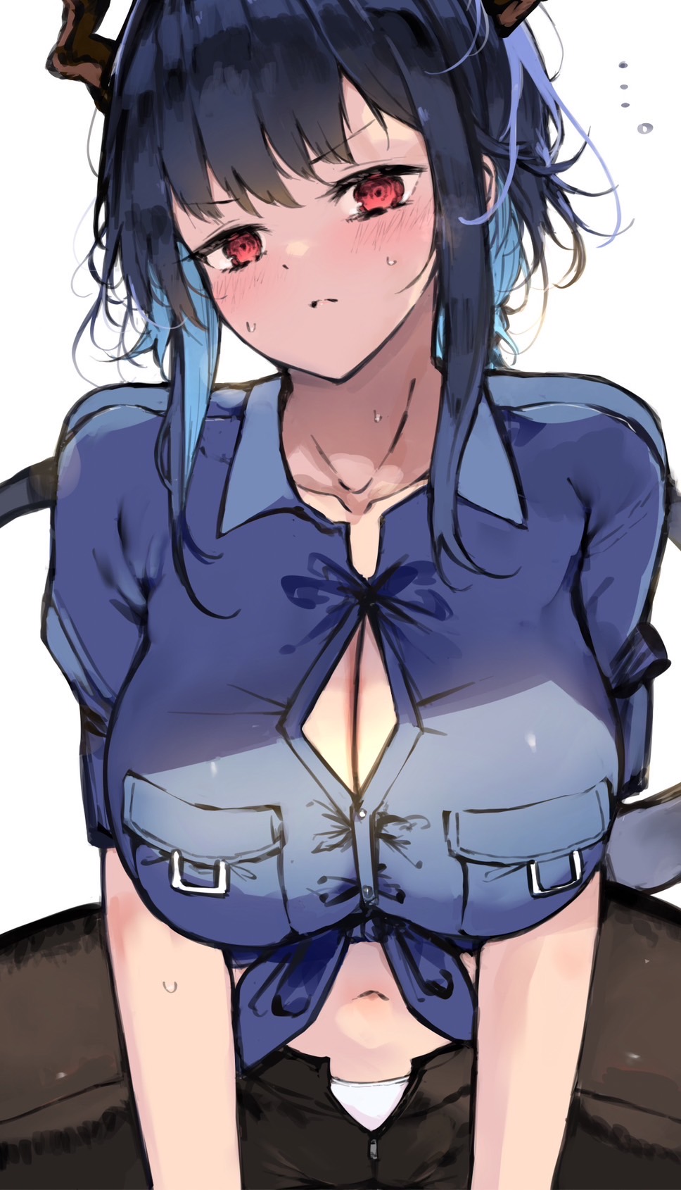 ... 1girl arknights black_pants blue_hair blue_shirt blush breasts ch'en_(after_storm)_(arknights) ch'en_(arknights) cleavage closed_mouth collarbone collared_shirt commentary_request cowboy_shot dragon_girl dragon_horns dragon_tail highres horns kyuu_(plastic_night_q) large_breasts long_hair looking_at_viewer midriff navel official_alternate_costume panties pants partially_unzipped pocket police police_uniform policewoman red_eyes shirt shirt_rolled_up sidelocks simple_background solo sweat tail underwear uniform white_background white_panties zipper