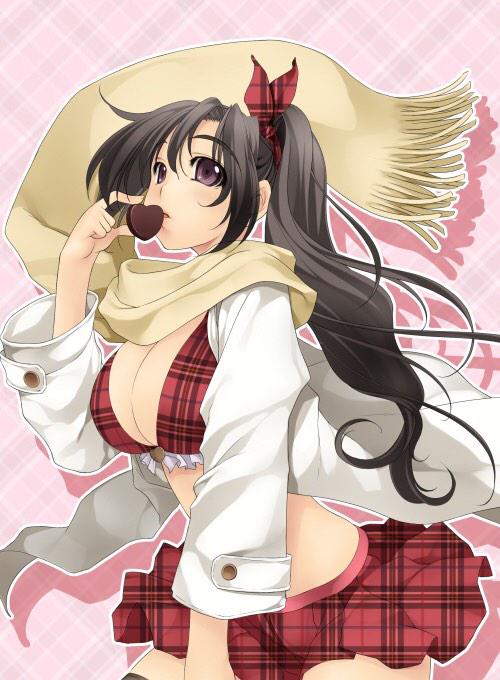 1girl atelier-moo bikini black_hair breasts candy chocolate curtained_hair food hair_between_eyes hair_ribbon heart heart-shaped_chocolate large_breasts lasting_anthem long_hair luna_soma miniskirt open_mouth plaid plaid_skirt red_eyes red_ribbon ribbon scarf simple_background skirt solo standing swimsuit valentine zettai_ryouiki