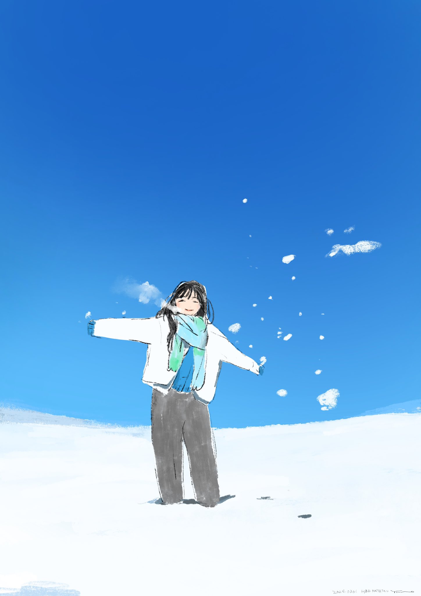 1girl :d black_hair blue_mittens blue_scarf blue_sky breath clear_sky closed_eyes facing_viewer grey_pants highres jacket landscape long_bangs long_hair long_sleeves mittens open_mouth original outdoors outstretched_arms pants scarf scenery sidelocks sky smile snow solo straight_hair wakame_(pixiv128625) white_jacket wide_shot wispy_bangs