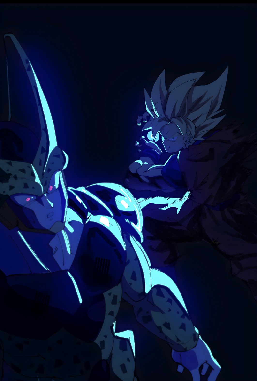 2boys blonde_hair blue_eyes cell_(dragon_ball) dark_background dougi dragon_ball dragon_ball_z energy english_commentary funnismonkis glowing highres kamehameha_(dragon_ball) medium_hair multiple_boys purple_eyes scene_reference son_goku spiked_hair