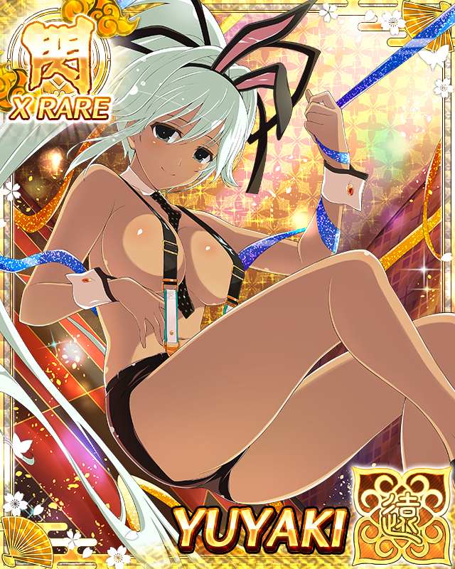 1girl animal_ears black_eyes black_ribbon blue_ribbon breasts casino dark-skinned_female dark_skin hair_ribbon hanging_from_ceiling high_ponytail large_breasts long_hair looking_at_viewer no_bra official_art playboy_bunny ponytail rabbit_ears ribbon senran_kagura senran_kagura_new_wave short_shorts shorts smile suspenders white_hair yuyaki_(senran_kagura)