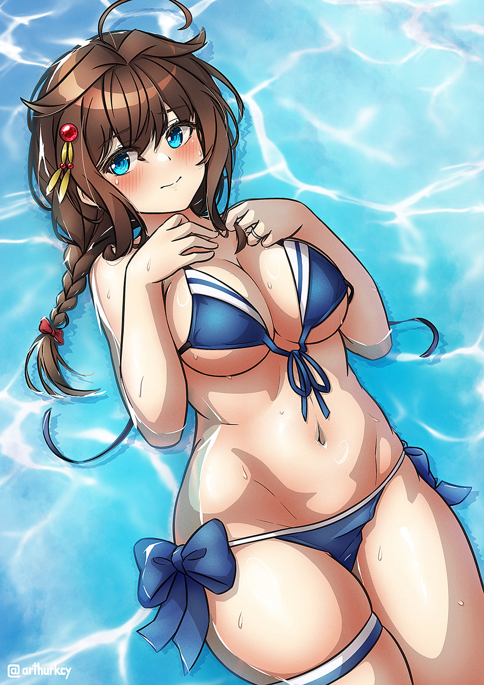 1girl alternate_costume arthur_ko bikini blue_bikini blue_eyes blush braid braided_ponytail breasts cleavage closed_mouth commentary_request cowboy_shot front-tie_bikini_top front-tie_top groin hair_flaps highres jewelry kantai_collection large_breasts long_hair navel partially_submerged ring shigure_(kancolle) shigure_kai_san_(kancolle) side-tie_bikini_bottom smile solo swimsuit thigh_strap water wedding_ring wet wet_clothes wet_swimsuit