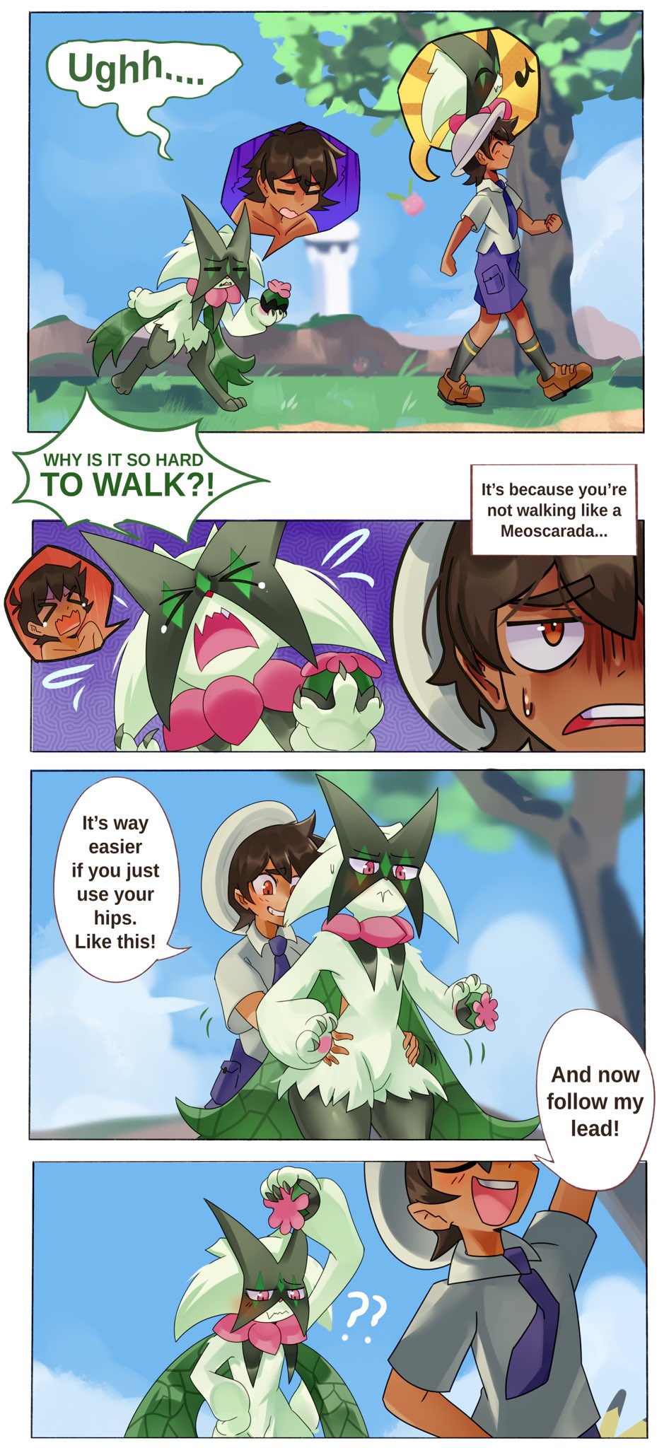 anthro axel_(poke789) body_swap comic dialogue duo female generation_9_pokemon hi_res male meowscarada nintendo pokemon pokemon_(species) psibunny speech_bubble text