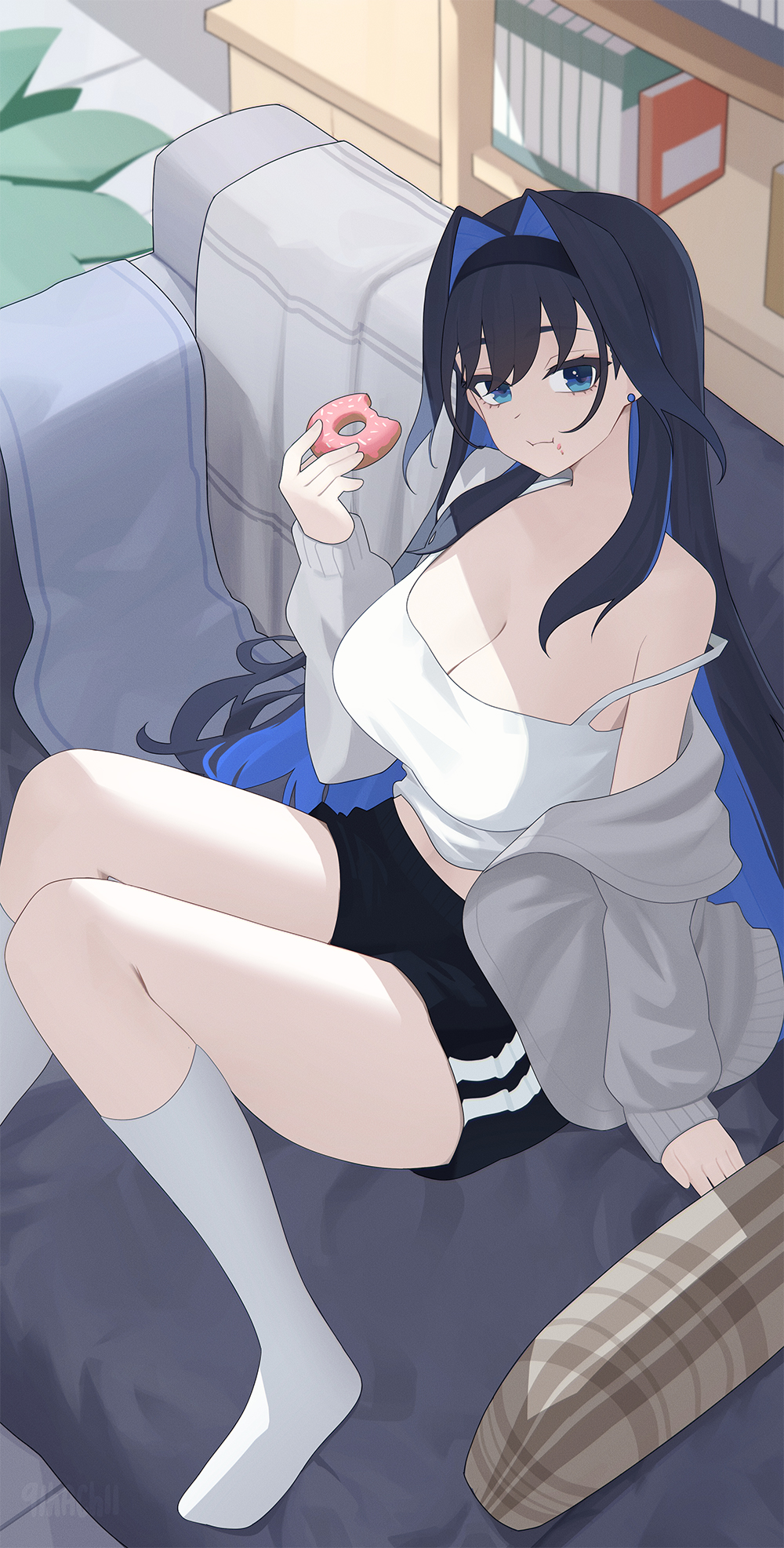 1girl bare_shoulders black_pants blue_eyes blue_hair breasts cleavage colored_inner_hair couch crop_top doughnut earrings food food_in_mouth gihachii hair_intakes hand_up highres holding holding_food hololive hololive_english jewelry kneehighs large_breasts long_hair long_sleeves looking_at_viewer multicolored_hair off_shoulder on_couch ouro_kronii pants shirt short_shorts shorts sidelocks sitting sleeves_past_wrists socks solo two-tone_hair very_long_hair virtual_youtuber white_shirt