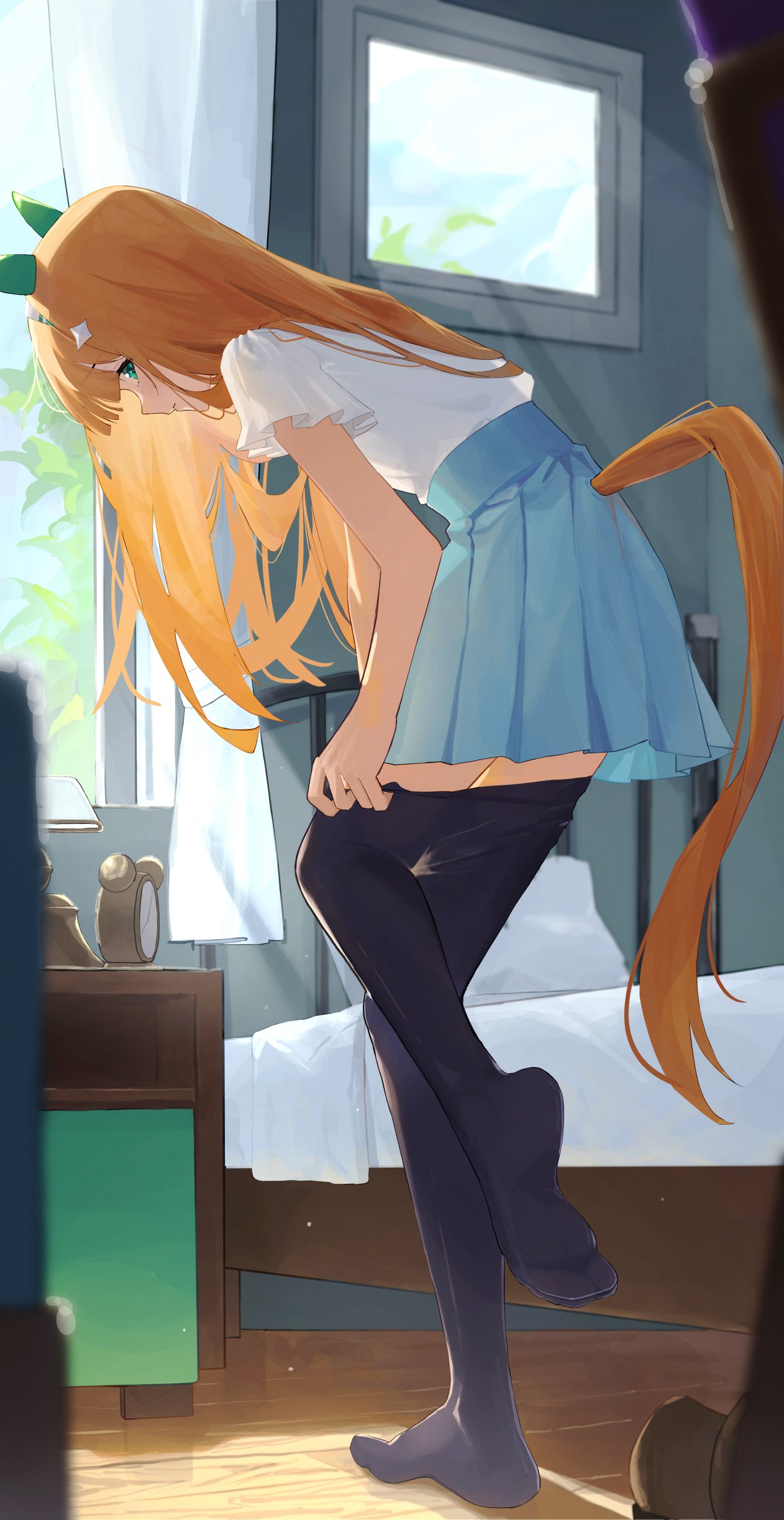 1girl absurdres alarm_clock animal_ears bed bedroom black_pantyhose blue_skirt blurry blurry_foreground blush clock closed_mouth curtains day dressing feet from_side full_body green_eyes hairband highres horse_ears horse_girl horse_tail indoors legs long_hair looking_at_viewer looking_back nightstand ningen_gokko no_shoes orange_hair pantyhose pillow pleated_skirt red_hair revision shirt shirt_tucked_in short_sleeves silence_suzuka_(umamusume) skirt soles solo standing standing_on_one_leg sunlight tail tail_through_clothes toes umamusume white_shirt window wooden_floor