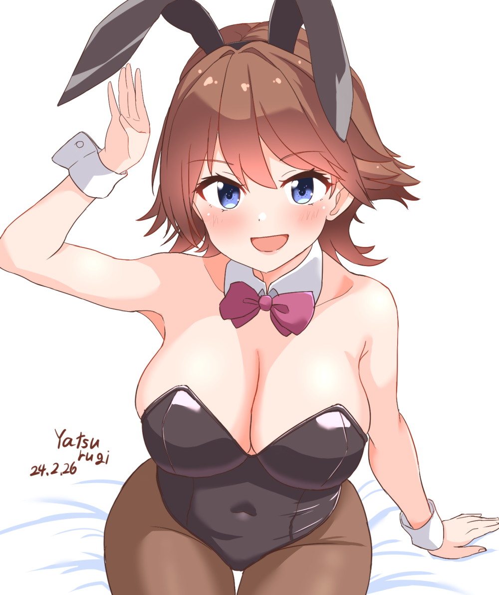 1girl alternate_costume animal_ears artist_name bare_shoulders black_leotard blue_eyes bow bowtie breasts brown_pantyhose cleavage covered_navel cowboy_shot dated detached_collar flipped_hair hiei_(kancolle) kantai_collection large_breasts leotard open_mouth pantyhose pink_eyes playboy_bunny rabbit_ears short_hair simple_background sitting smile solo strapless strapless_leotard thigh_gap white_background wrist_cuffs yatsurugi