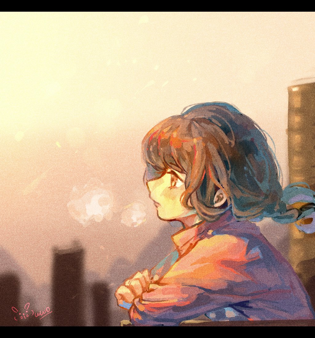 1girl braid breath brown_hair building chinese_commentary closed_mouth film_grain floating_hair from_side gradient_sky letterboxed long_hair madotsuki multicolored_sky outdoors pink_sky pink_sweater sky skyscraper solo sweater thenintlichen96 twin_braids white_sky yellow_eyes yume_nikki