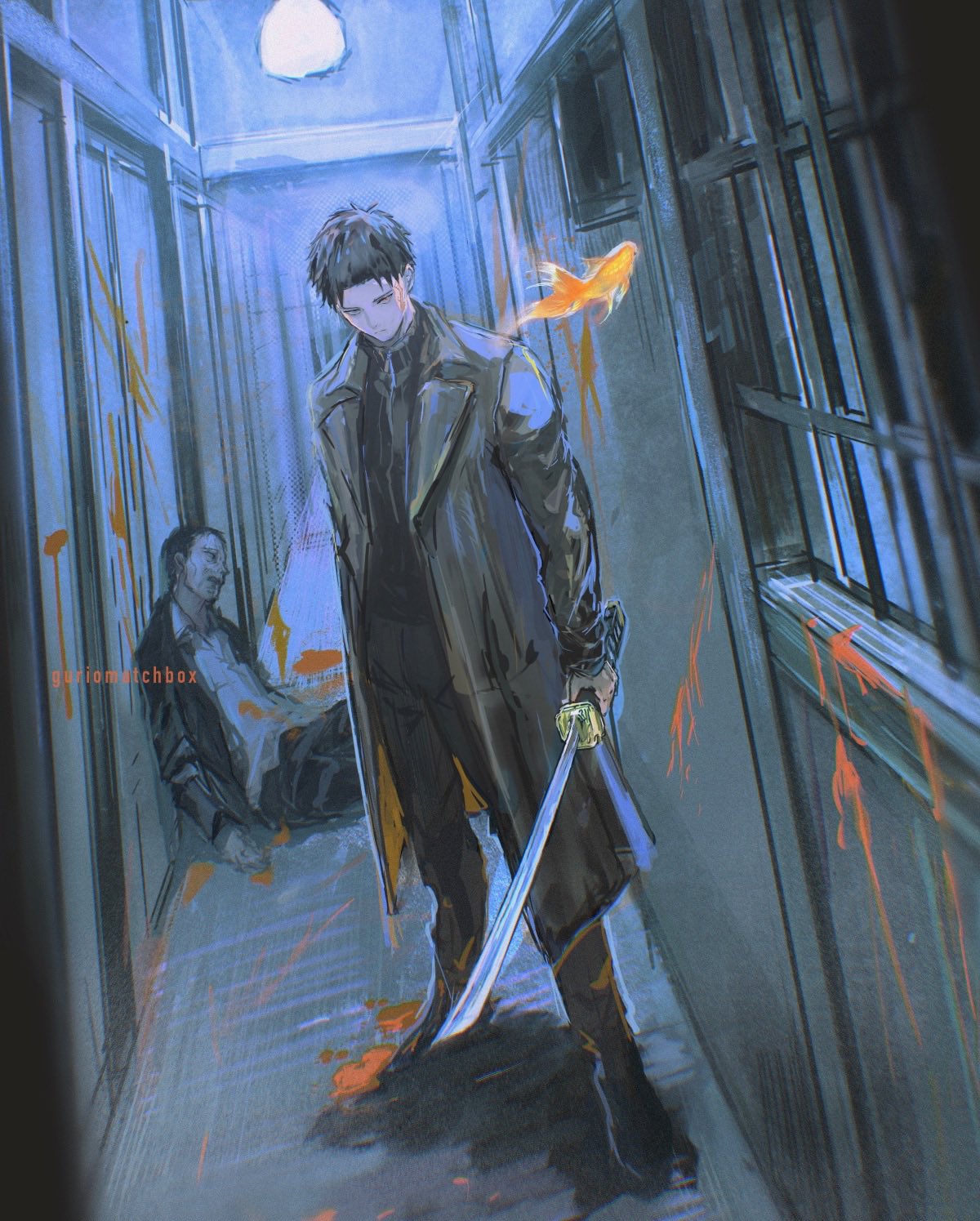 1boy black_coat black_hair blood blood_on_clothes blood_on_ground blood_on_wall blood_splatter closed_mouth coat corpse fish goldfish guri_otoko highres holding holding_sword holding_weapon kagurabachi katana looking_at_viewer male_focus rokuhira_chihiro scar scar_on_face short_hair solo sword weapon