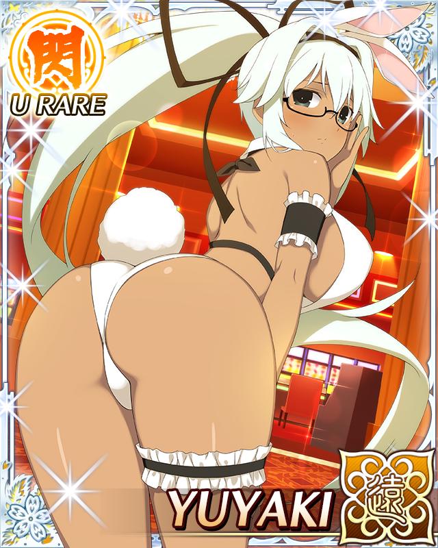 1girl animal_ears ass ass_focus bent_over black_eyes black_ribbon blush breasts casino dark-skinned_female dark_skin glasses hair_ribbon high_ponytail large_breasts long_hair looking_at_viewer looking_back official_art playboy_bunny ponytail rabbit_ears rabbit_tail ribbon senran_kagura senran_kagura_new_wave sideboob tail thigh_strap white_hair yuyaki_(senran_kagura)