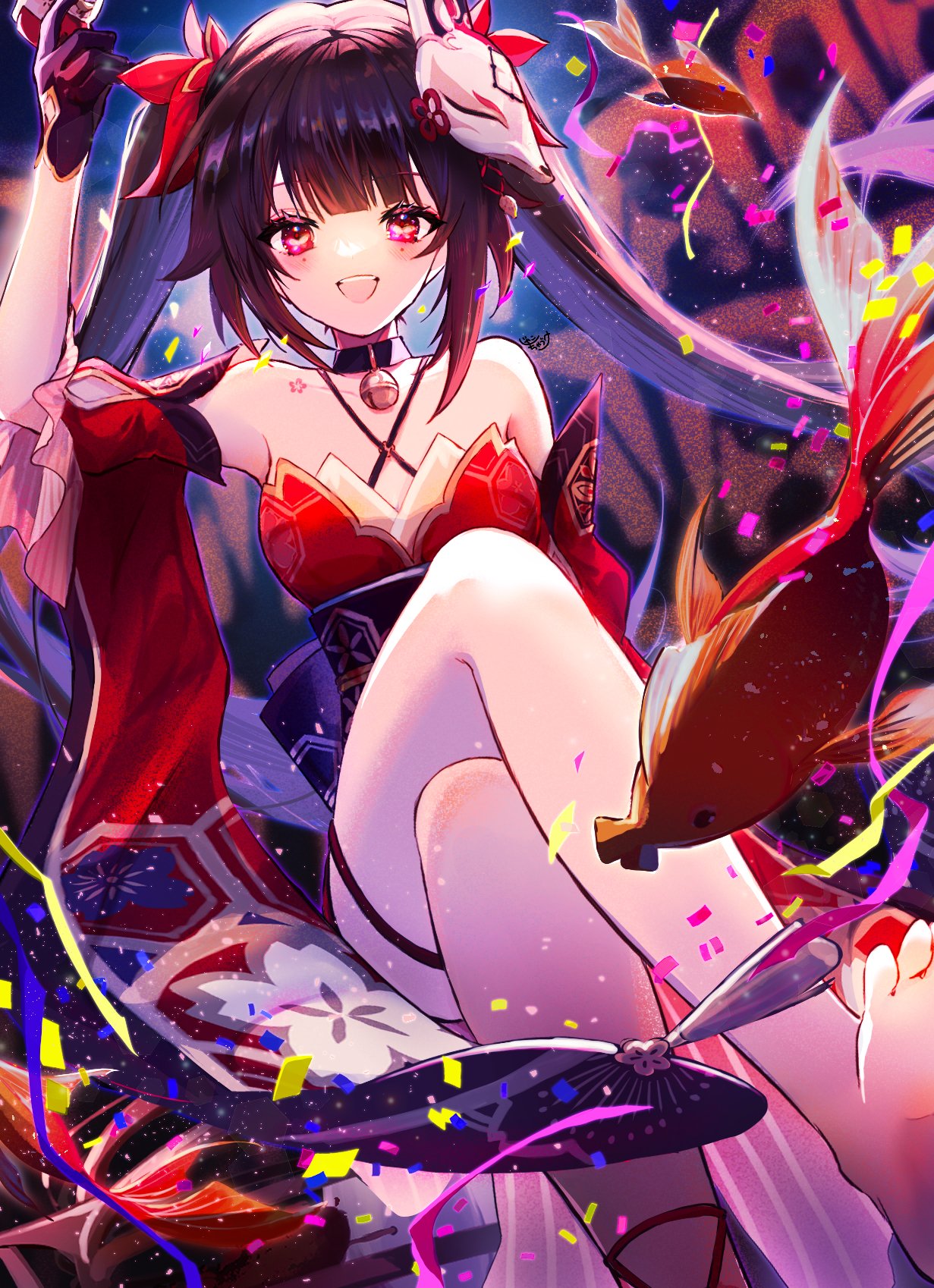 1girl :d bare_shoulders barefoot bell black_choker blush bow breasts brown_hair choker criss-cross_halter crossed_legs detached_sleeves dress dutch_angle feet floating_hair foot_out_of_frame fox_mask gun hair_bow halterneck highres holding holding_gun holding_weapon honkai:_star_rail honkai_(series) jakochazuke large_breasts long_hair looking_at_viewer mask mask_on_head neck_bell o-ring obi open_mouth red_bow red_dress red_skirt sash short_sleeves sidelocks signature skirt sleeveless sleeveless_dress smile soles solo sparkle_(honkai:_star_rail) teeth toes twintails upper_teeth_only very_long_hair weapon