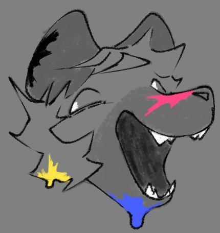 anthro black_paint blue_paint canid canine hair head_only hyena low_res male mammal nervous_laugh nervous_smile open_mouth paint paint_on_chin paint_on_ear paint_on_face paint_on_hair paint_on_muzzle paint_on_self presto_agitato red_paint sharp_teeth solo teeth yellow_paint