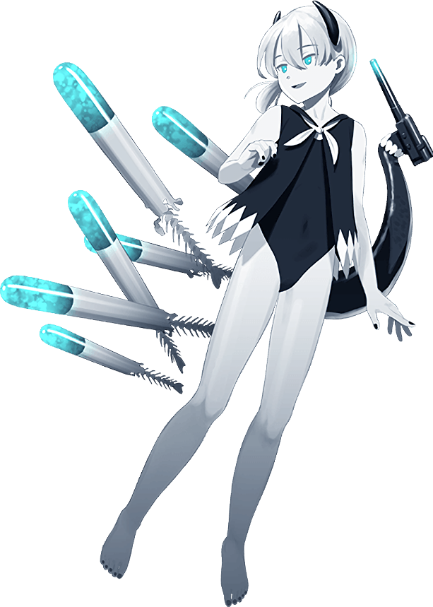 1girl abyssal_i-class_water_princess abyssal_ship aqua_eyes bare_legs barefoot colored_skin full_body horns kantai_collection legs official_art one-piece_swimsuit pale_skin shibafu_(glock23) short_ponytail side_ponytail swimsuit torpedo transparent_background turret white_hair white_skin