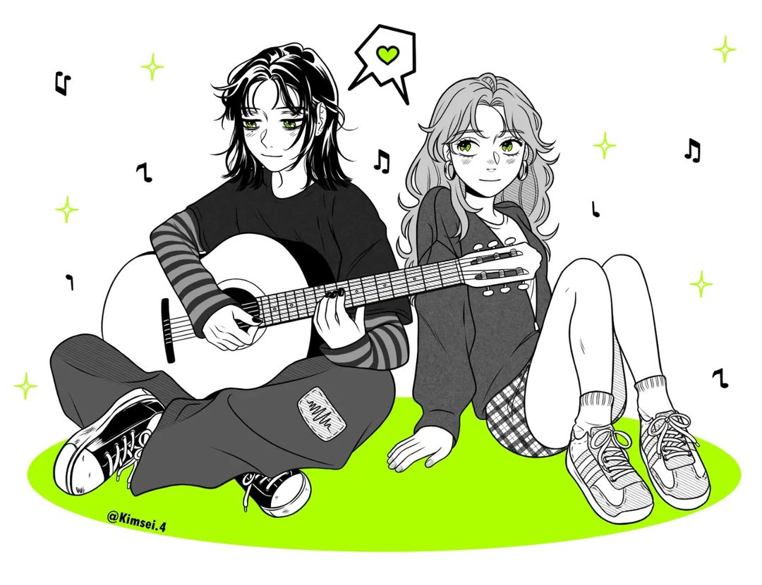 2girls acoustic_guitar baggy_pants beamed_eighth_notes black_nails blush cardigan commentary earrings english_commentary green_eyes guitar hands_on_floor heart hoop_earrings indian_style instagram_username instrument jewelry kimsei kininatteru_hito_ga_otoko_ja_nakatta knees_up koga_mitsuki light_smile long_hair looking_at_another medium_hair mole mole_under_eye multiple_girls musical_note oosawa_aya pants partially_colored shared_speech_bubble shoes side-by-side sitting sneakers socks sparkle speech_bubble spoken_heart wavy_hair white_background yuri