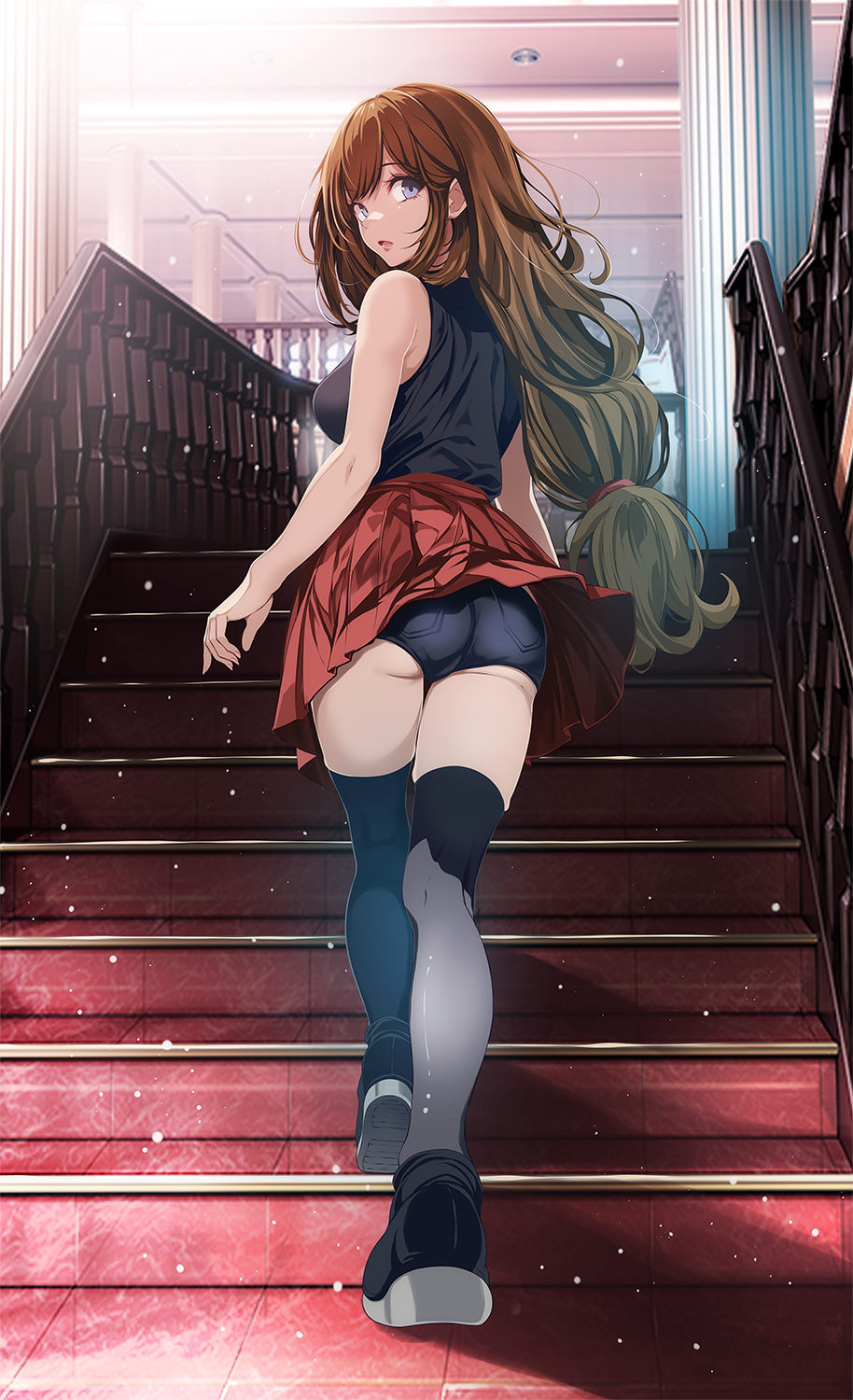 1girl arms_at_sides ass bare_arms bare_shoulders black_footwear black_shirt black_shorts black_thighhighs blue_eyes breasts brown_hair from_behind full_body highres indoors large_breasts long_hair looking_at_viewer looking_back pokemon pokemon_xy serena_(pokemon) shirt shirt_tucked_in shoes short_shorts shorts shorts_under_skirt sleeveless sleeveless_shirt sneakers solo stairs thighhighs tsukishiro_saika underbutt very_long_hair walking wind wind_lift