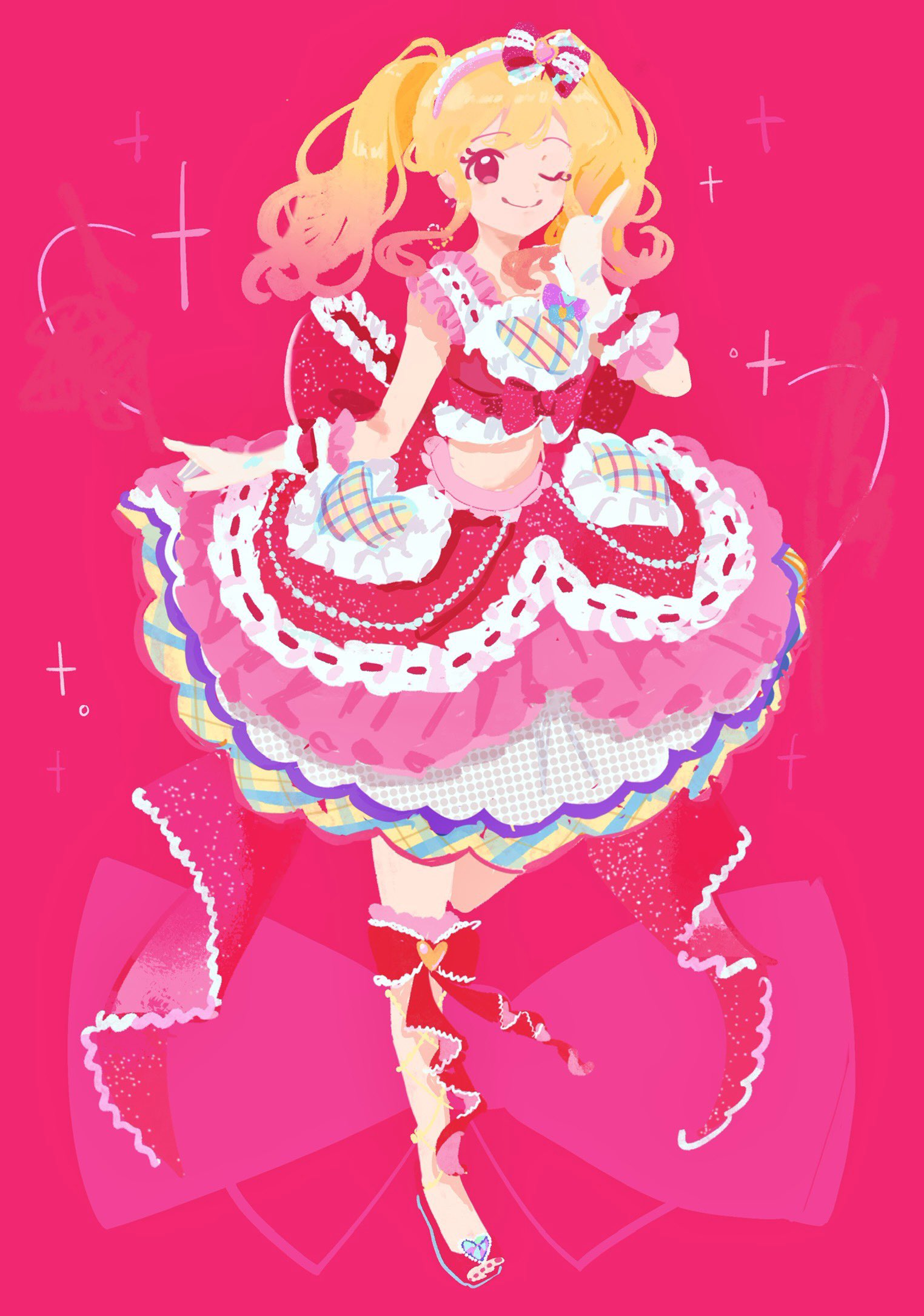 1girl aikatsu!_(series) aikatsu_stars! blonde_hair bow dot_nose frilled_skirt frills gradient_hair hair_bow hand_up highres idol index_finger_raised layered_skirt looking_at_viewer medium_hair medium_skirt midriff minyono multicolored_hair nijino_yume pink_background pink_hair red_eyes red_footwear scrunchie shirt sidelocks skirt sleeveless sleeveless_shirt smile solo standing thigh_bow twintails two-tone_hair wrist_scrunchie