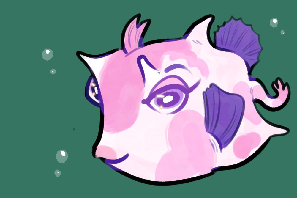 2023 alternate_species ambiguous_gender bubble digital_drawing_(artwork) digital_media_(artwork) eyebrows eyelashes feral fin fish flat_colors full-length_portrait green_background horizontal_pupils longhorn_cowfish marine pink_body portrait pupils purple_eyes purple_fin ray-finned_fish simple_background smile solo sweet_cream_(cowtail) tansydrawsnsfw white_body