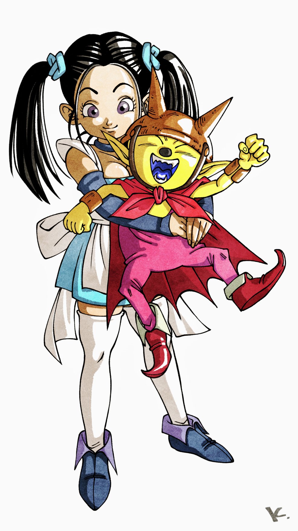 1boy 1girl apron black_hair blue_choker blue_dress blue_footwear blue_sleeves bodysuit bracelet breasts brown_headwear cape character_request choker cleavage clenched_hands closed_eyes colored_skin detached_sleeves dragon_ball dress fake_horns hair_tie helmet highres horned_helmet horns hug hug_from_behind initial jewelry kakeru_(dbskakeru) long_hair looking_at_viewer official_style open_mouth pink_bodysuit pointy_ears pointy_footwear purple_eyes purple_footwear red_cape red_footwear sharp_teeth shoes simple_background size_difference sleeveless sleeveless_bodysuit teeth thighhighs toriyama_akira_(style) twintails two-tone_footwear white_apron white_background white_thighhighs yellow_skin