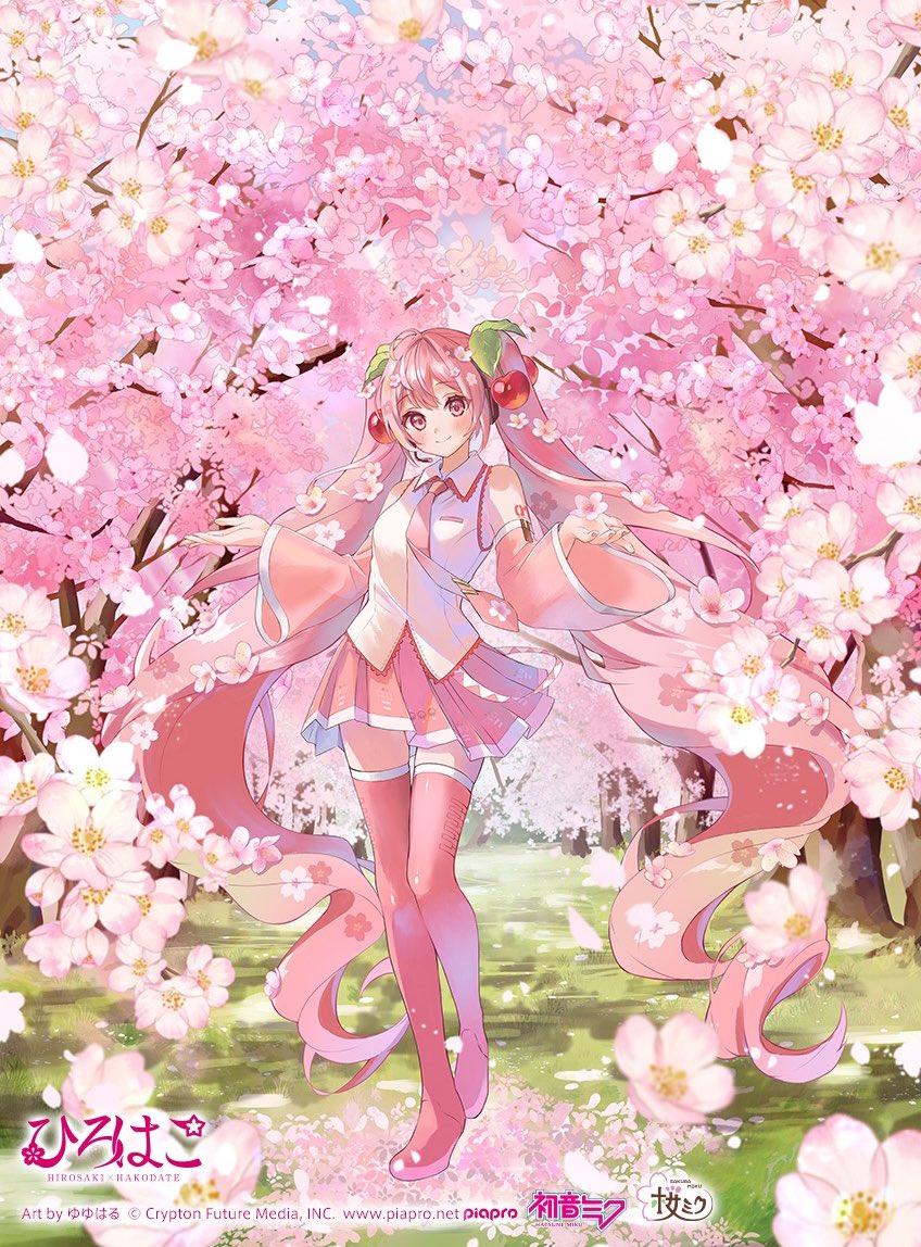 1girl bare_shoulders blush cherry_blossoms cherry_hair_ornament closed_mouth collared_shirt day detached_sleeves food-themed_hair_ornament forest frilled_shirt frills full_body grass hair_between_eyes hair_ornament hatsune_miku landscape long_hair long_sleeves looking_at_viewer miniskirt nature necktie official_art outdoors pink_eyes pink_hair pink_necktie pink_skirt pink_sleeves pink_theme pink_thighhighs pleated_skirt sakura_miku scenery shirt skirt sleeveless sleeveless_shirt smile solo thighhighs tree twintails very_long_hair vocaloid white_shirt yuyuharu_1027 zettai_ryouiki