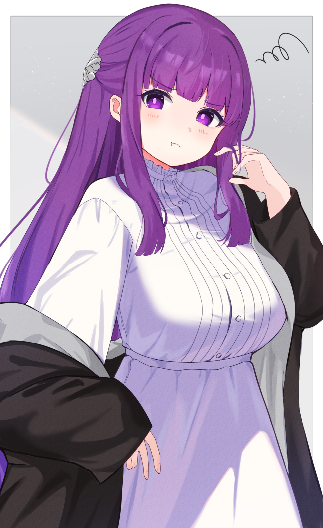 1girl :t aomi_wool black_coat blush breasts coat commentary_request fern_(sousou_no_frieren) grey_background large_breasts long_hair long_sleeves looking_at_viewer pout purple_eyes purple_hair shirt skirt solo sousou_no_frieren white_shirt white_skirt