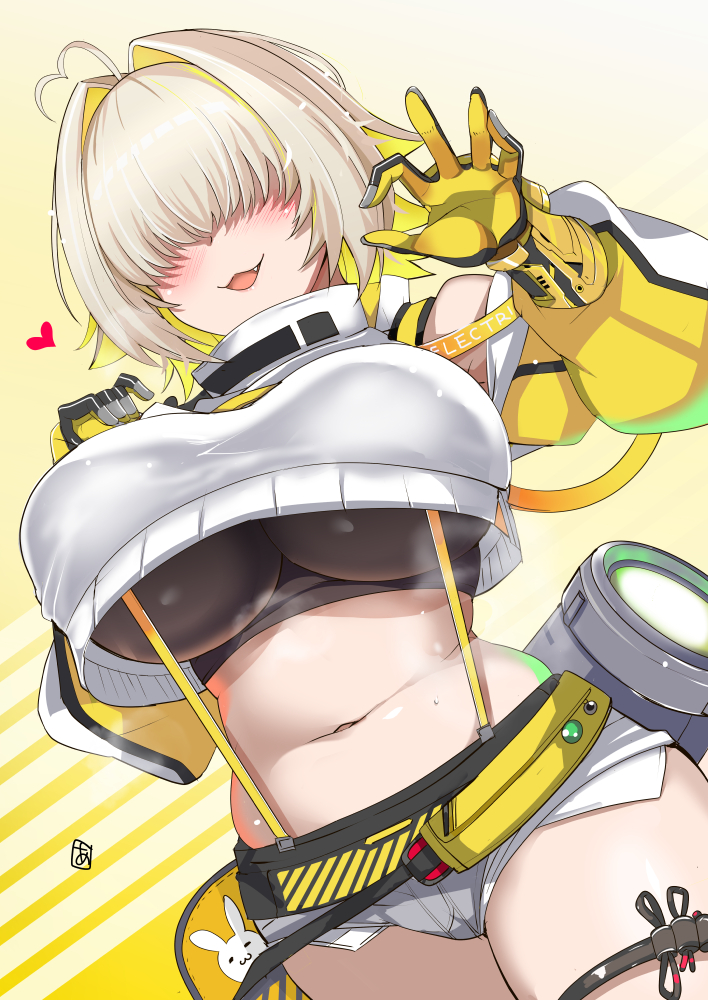 1girl :3 ahoge aoi_manabu bfg_9000 black_sports_bra blonde_hair blush breasts clothing_cutout cowboy_shot crop_top crop_top_overhang cropped_sweater dutch_angle elegg_(nikke) exposed_pocket fang from_below gloves goddess_of_victory:_nikke grey_shorts hair_intakes hair_over_eyes hands_up heart heart_ahoge huge_breasts impossible_clothes long_bangs long_sleeves medium_hair midriff multicolored_clothes multicolored_gloves multicolored_hair navel open_mouth plump shorts shoulder_cutout simple_background smile solo sports_bra suspender_shorts suspenders thigh_strap thighs two-tone_hair