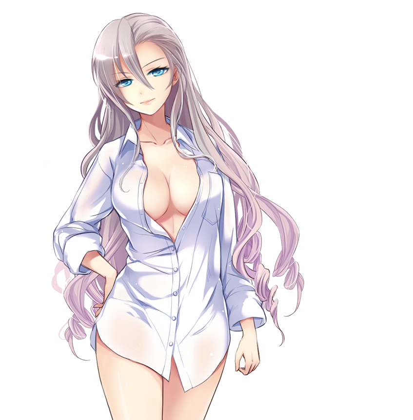 1girl asymmetrical_bangs blue_eyes breast_pocket breasts cleavage closed_mouth collarbone cowboy_shot freyja_(master_of_eternity) game_cg grey_hair hand_on_own_hip large_breasts lips long_hair looking_at_viewer master_of_eternity no_bra no_pants non-web_source official_art open_clothes open_shirt pajamas partially_unbuttoned pocket see-through see-through_sleeves shirt simple_background solo transparent_background very_long_hair white_pajamas white_shirt