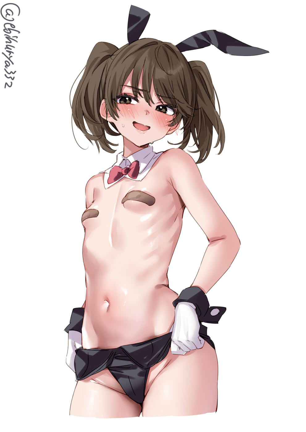 1girl animal_ears bandaid bandaids_on_nipples black_leotard blush brown_eyes brown_hair commentary_request cowboy_shot cropped_legs detached_collar ebifurya fake_animal_ears gloves groin highres kantai_collection leotard leotard_pull long_hair navel one-hour_drawing_challenge open_mouth pasties rabbit_ears ryuujou_(kancolle) simple_background solo strapless strapless_leotard twintails twitter_username white_background white_gloves