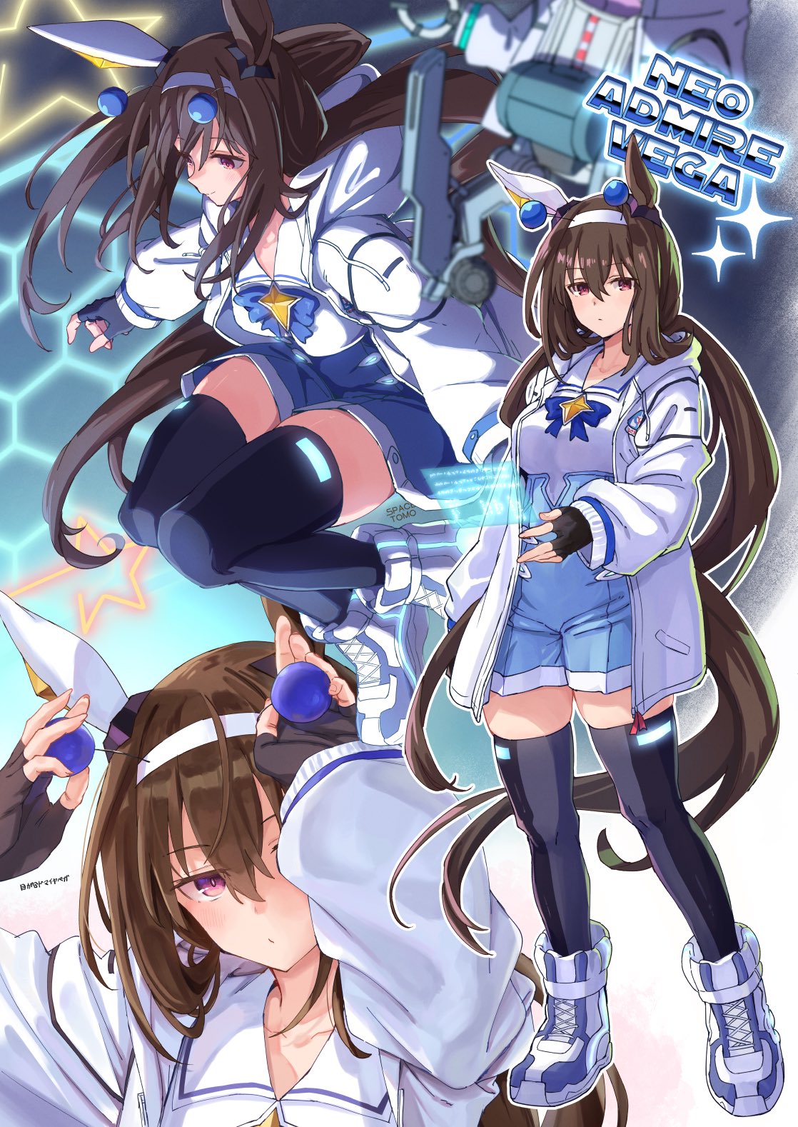 1girl admire_vega_(umamusume) arms_up black_gloves black_thighhighs blue_bow blue_bowtie blue_shorts blush bow bowtie breasts brown_hair character_name closed_mouth commentary_request cross-laced_footwear ear_covers fingerless_gloves full_body gloves hair_between_eyes hairband high-waist_shorts highres holding horse_tail large_breasts long_hair long_sleeves looking_at_viewer multiple_views puffy_long_sleeves puffy_sleeves red_eyes sailor_collar shirt shirt_tucked_in shorts single_ear_cover skindentation standing starheart tail thighhighs umamusume upper_body very_long_hair white_footwear white_hairband white_sailor_collar white_shirt